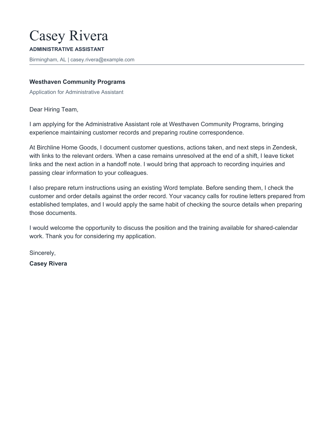 Matching cover letter explaining Casey's customer case records and routine document preparation