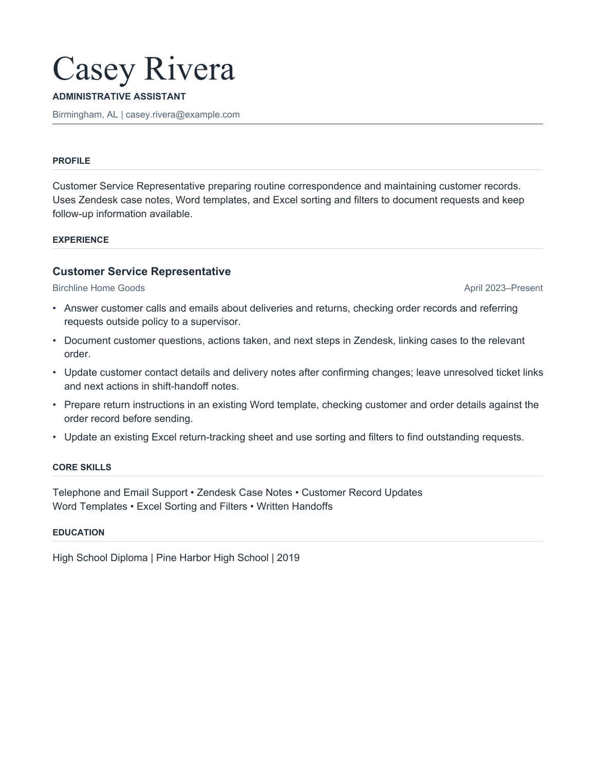 Casey Rivera's Editorial resume with customer service experience, correspondence, Zendesk records, and basic Excel skills