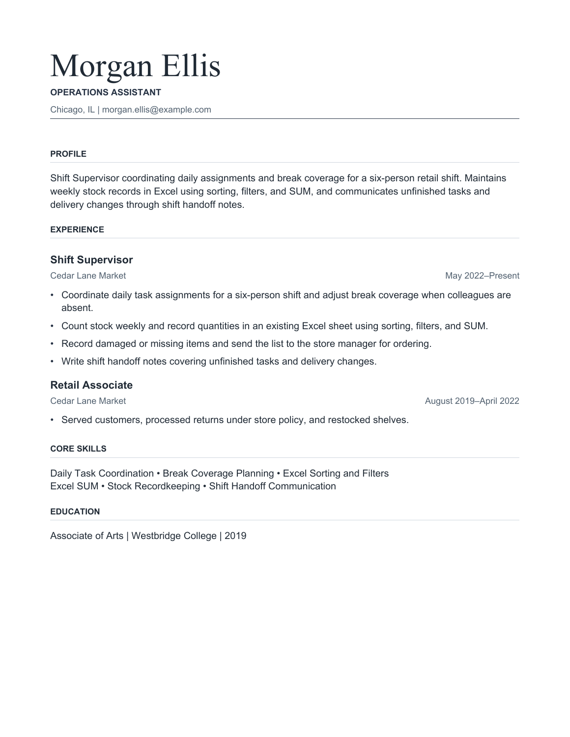 Actual Editorial resume sample for fictional retail supervisor Morgan Ellis, applying for an Operations Assistant role